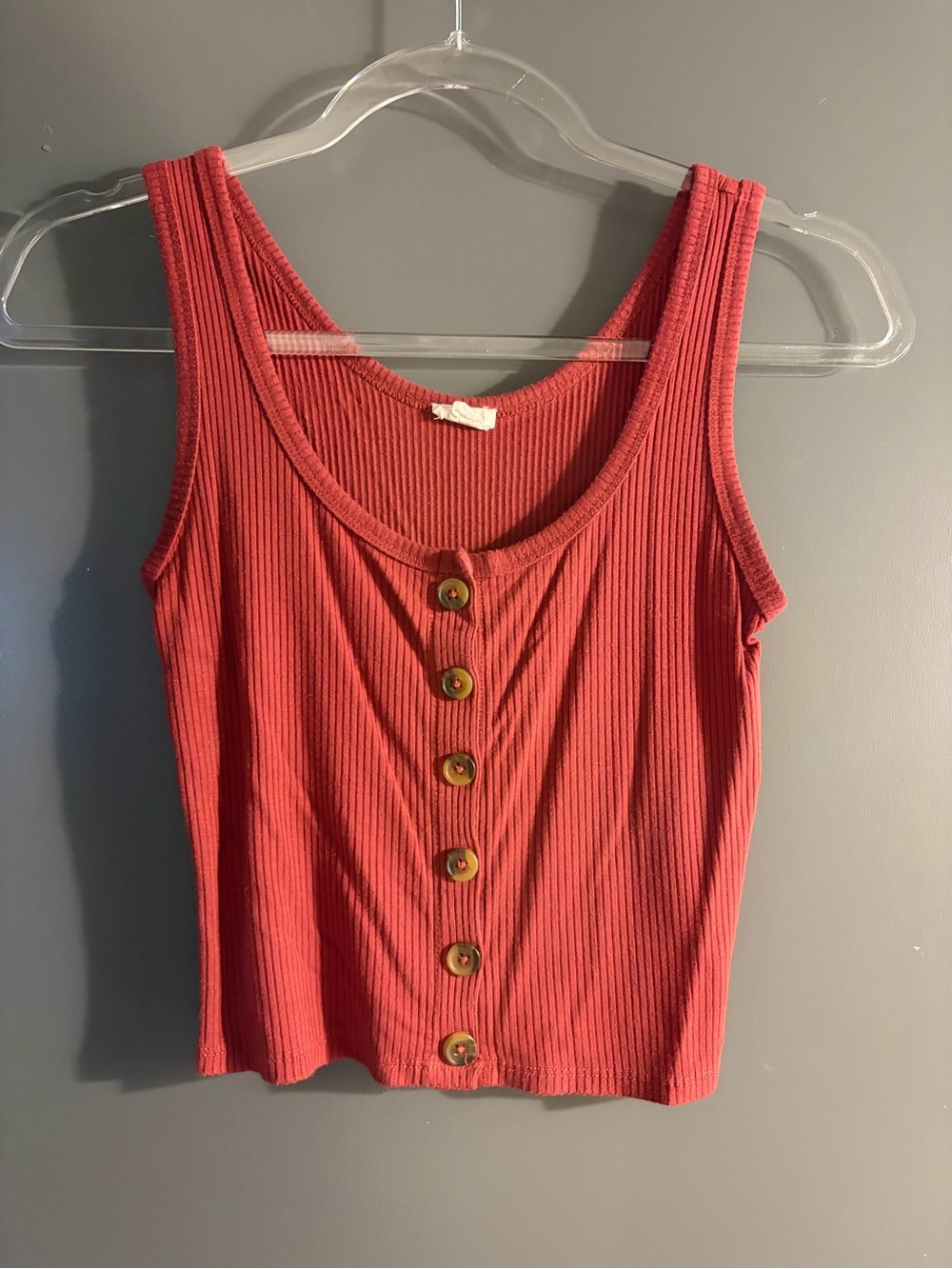Garage Button Front Ribbed Cropped Tank Red Maroon XS